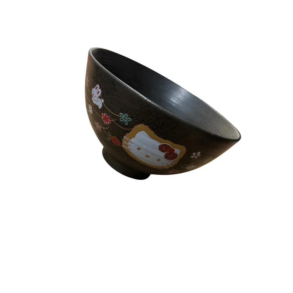Sanrio Hello Kitty Ceramic Rice Bowl Black Matte Floral Rabbit Japanese Style